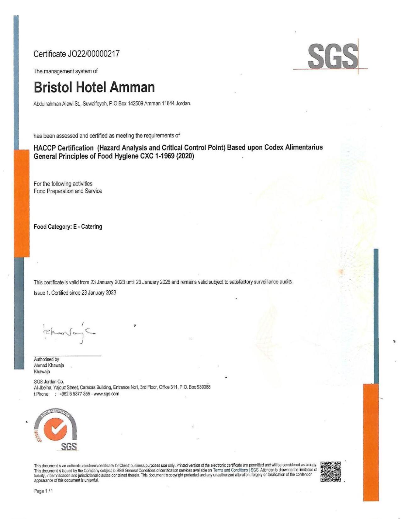 Bristol Hotel Amman Extérieur photo HACCP certificate